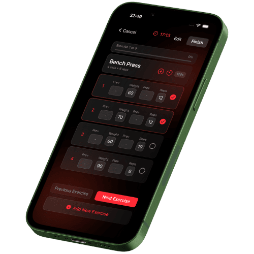 Log reps, weight, and rest in real time.